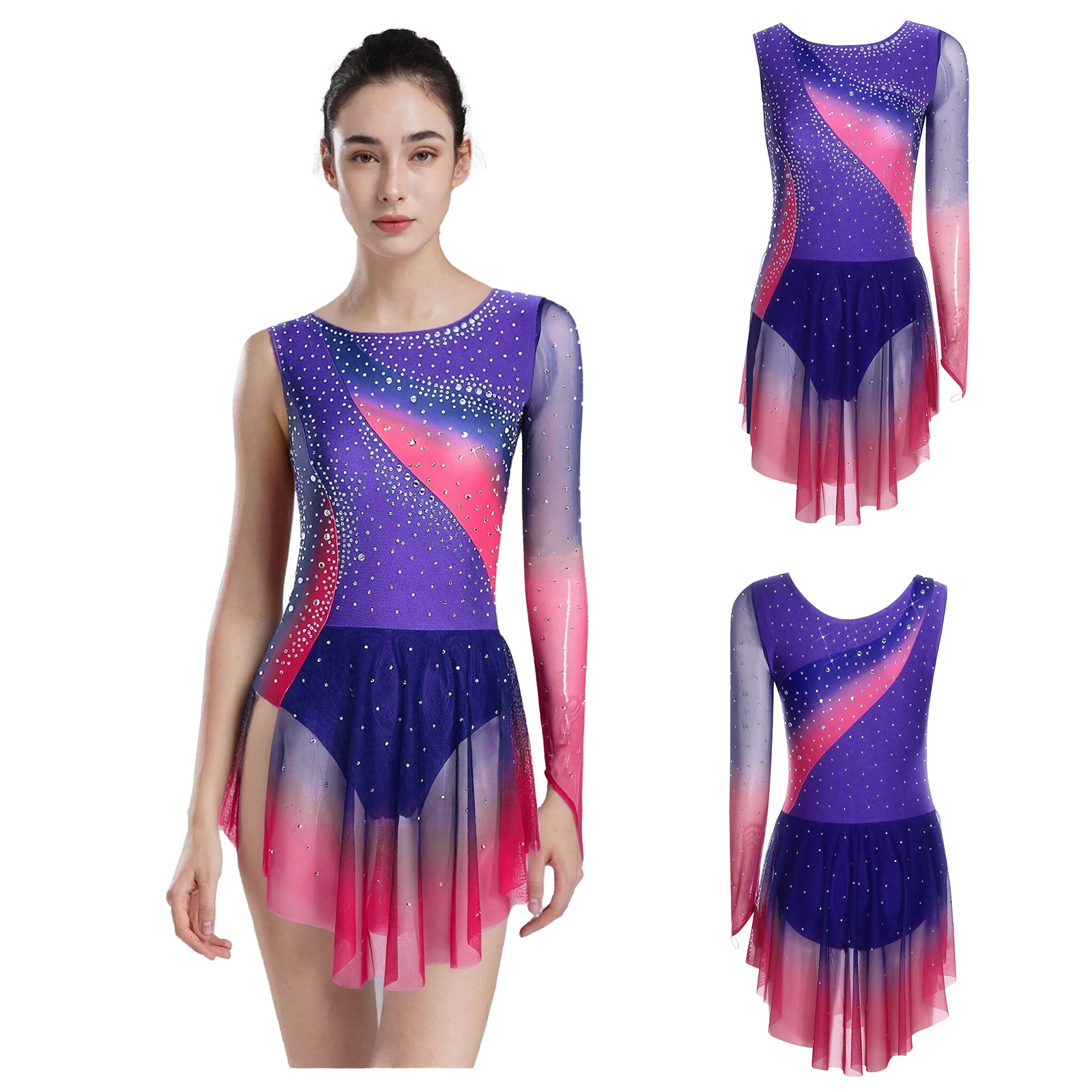 Women One Shoulder Rhinestone Sheer Mesh Figure Skating Leotard Dress for Ballet Gymnastics Acrobatics Lyrical Dance Performance