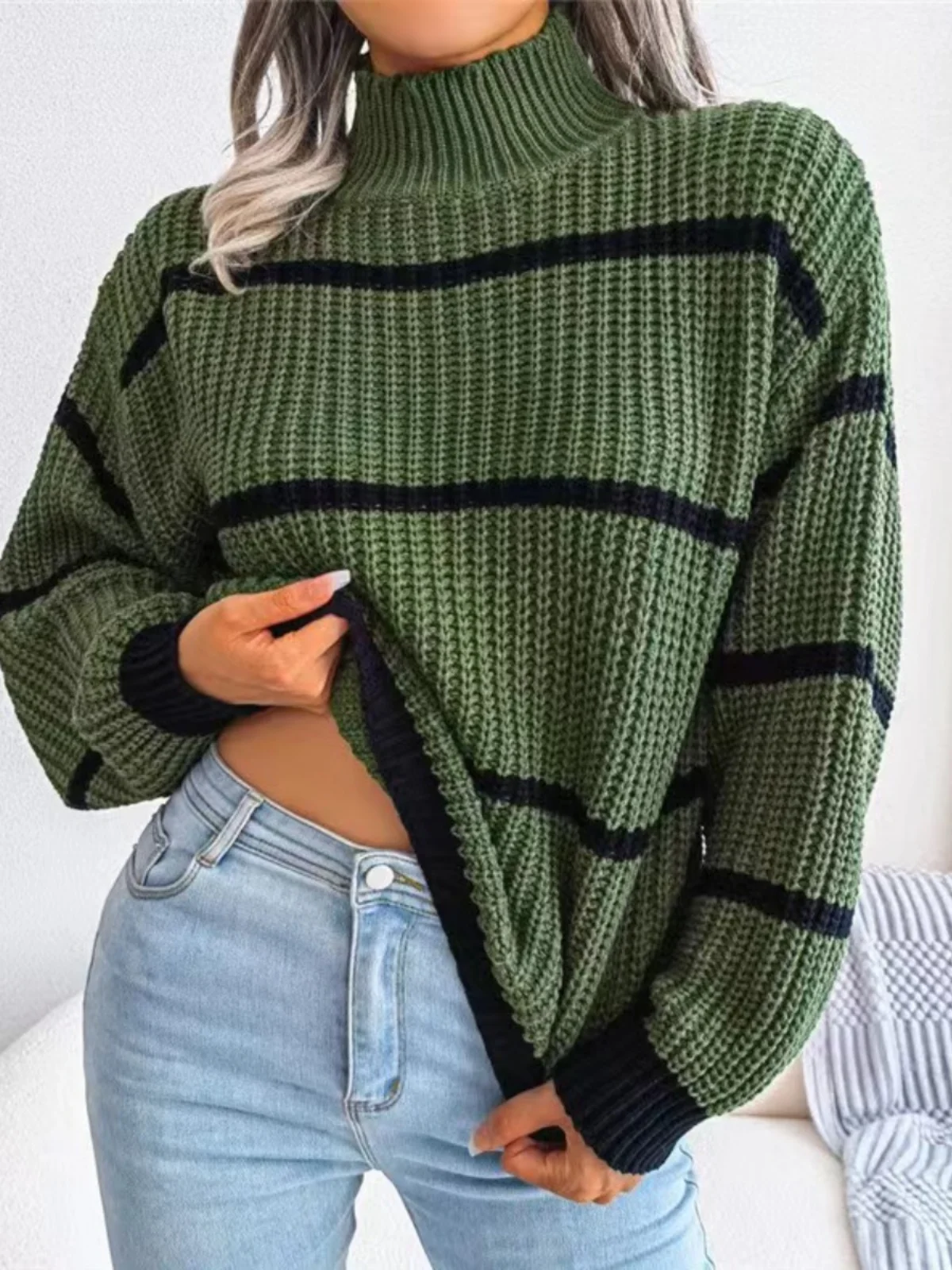 Maglione lavorato a maglia lungo a righe larghe a collo alto casual da donna Autunno Inverno Street Sle Maglieria comoda per tutti gli abbinamenti