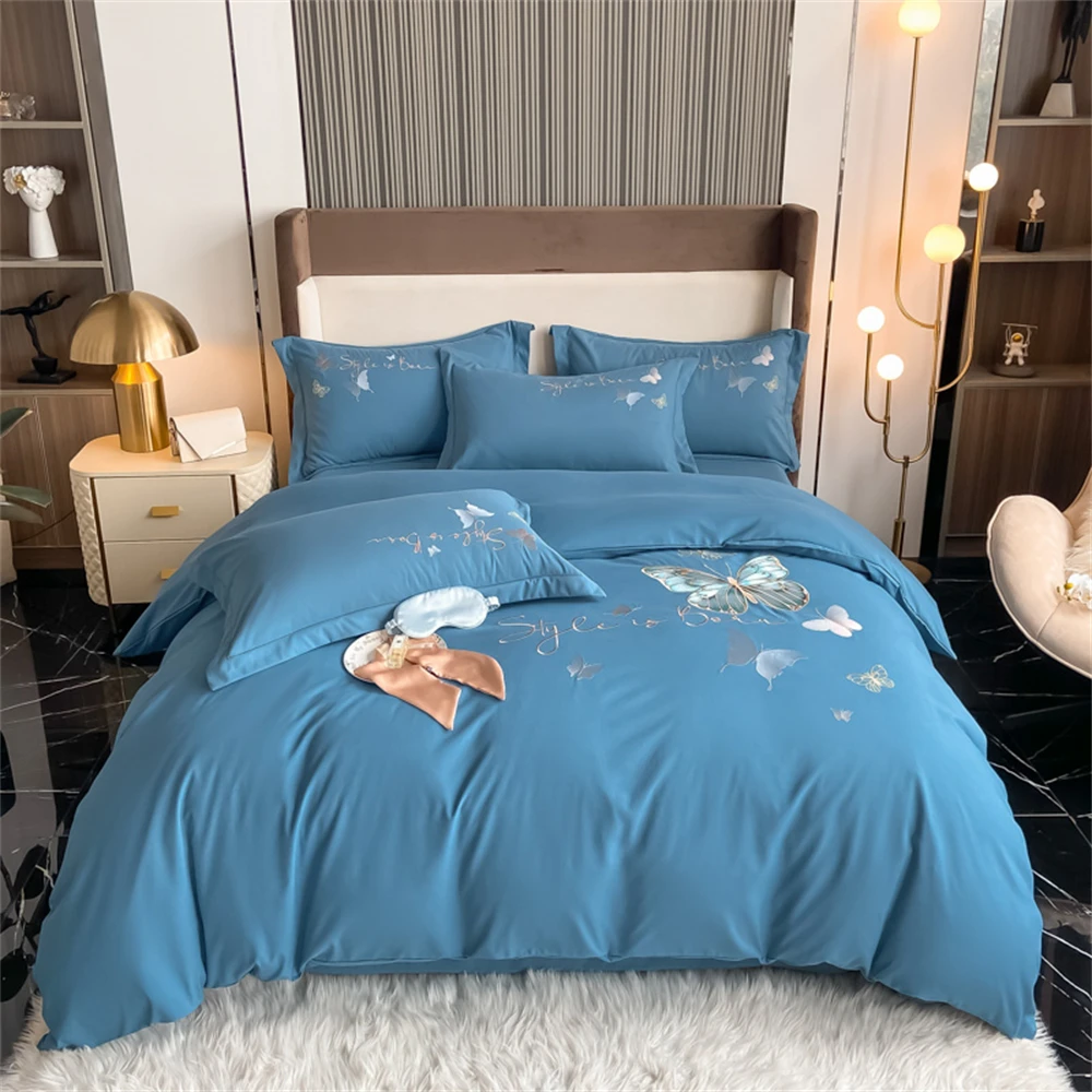 

Butterfly Embroidery Four-Piece Sets Luxury Single Double Bedding Set Soft Duvet Cover Set Bed Sheet Pillowcases Home Textiles