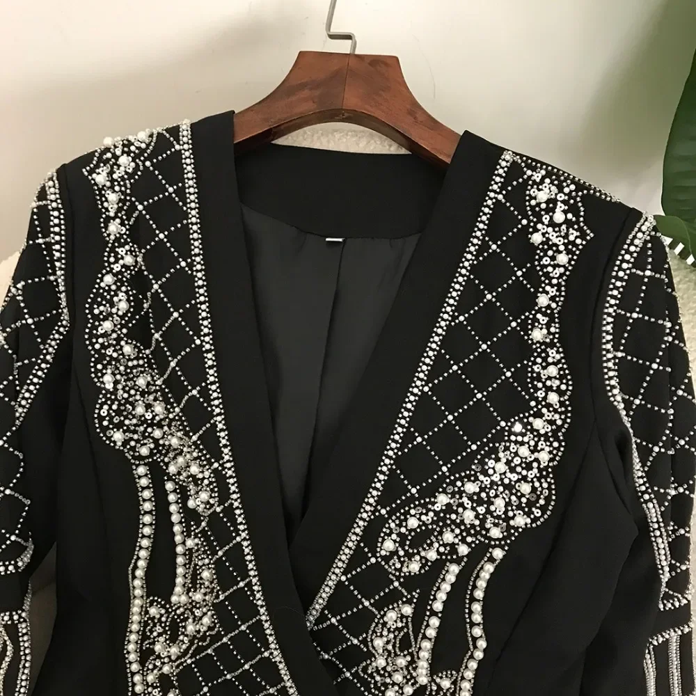 Suit Jackets Spring Autumn Fashion Women\'s Blazer Handmade Pearl Beaded Shawl Collar Hidden Breasted Long Sleeve 2024 New