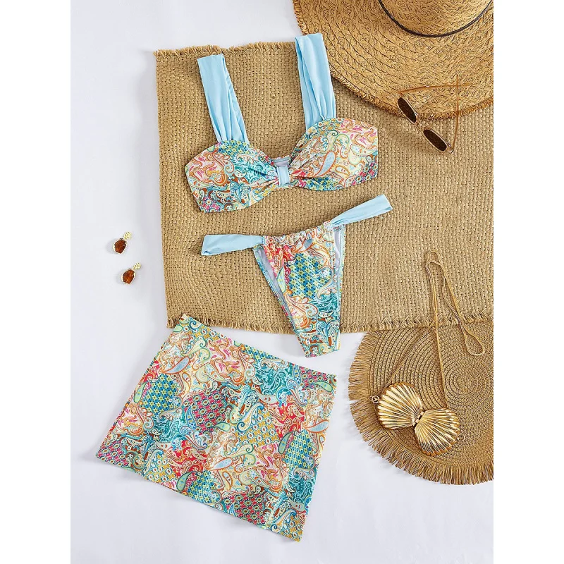 

New Soft Bag Printed Thick Strap Backless Beach Women's Party Bikini Set with Wrap Skirt