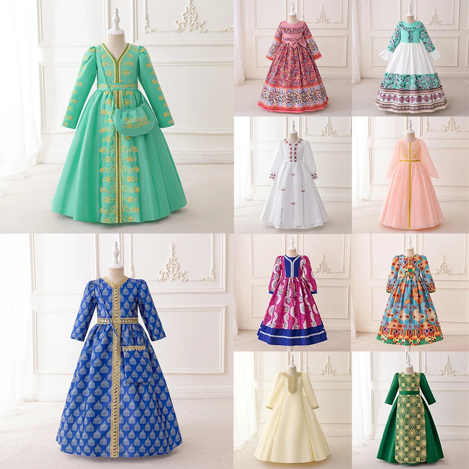 

Платье принцессы с длинными рукавами и вышивкой для девочек, вечерние элегантные платья, детский костюм с очаровательным принтом на день рождения, От 4 до 7 лет