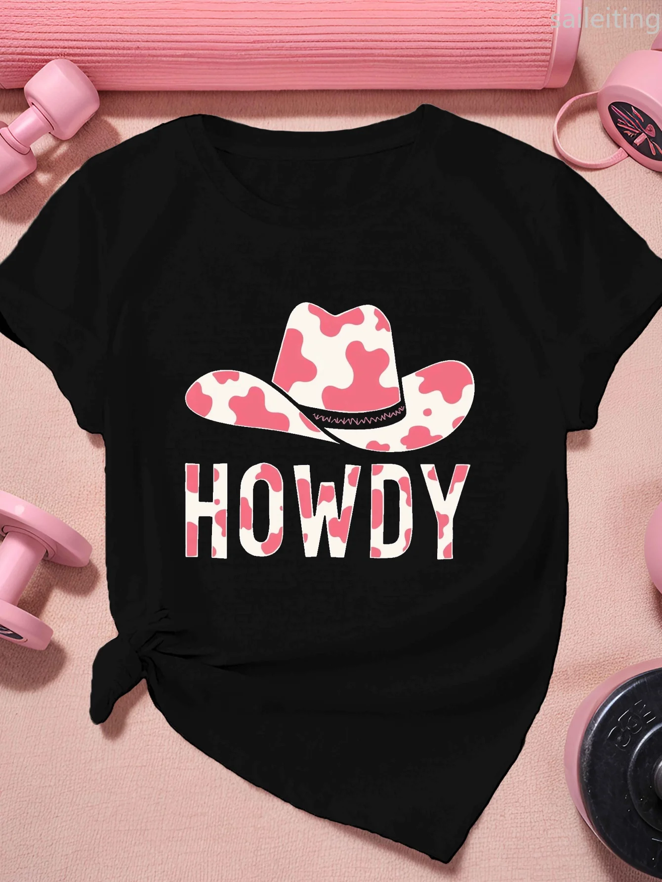 

Women's Pink Cow Print Cowboy Hat Graphic Short Sleeve T-Shirt Harajuku Sleeve Casual Women's Clothing Street Aesthetic Clothes