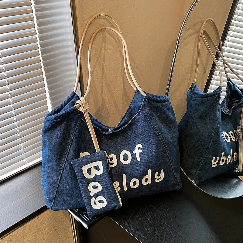 Striped Denim Tote Bags for Women Shoulder Bags Large Capacity Shopping Bag Class Bag for Girl Designer Bag   Sac