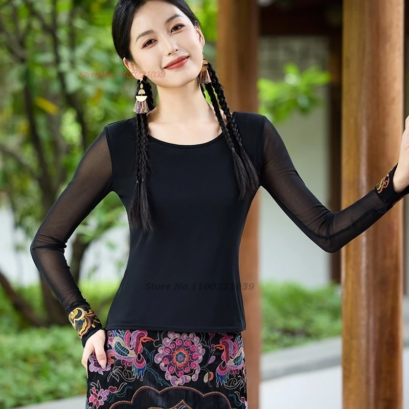 

Винтажная китайская рубашка 2026 года, ретро, с вышивкой в виде цветов, с круглым вырезом, в этническом стиле, с сетчатыми рукавами, базовая рубашка, восточный национальный топ в стиле ханьфу