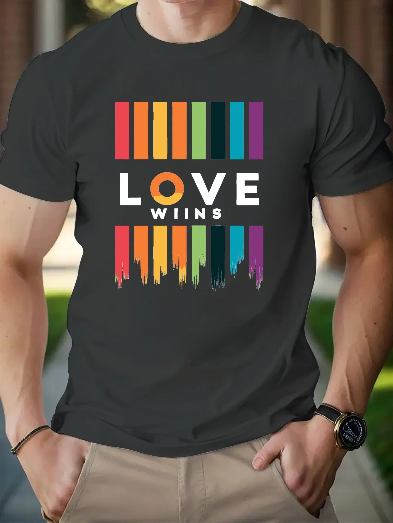 Liefde Wint Regenboogkleurige Grafische Print, Heren Ronde Hals Zomer T-Shirt Met Korte Mouwen, Casual Comfortabele Pure Katoenen Top Voor Dagelijks