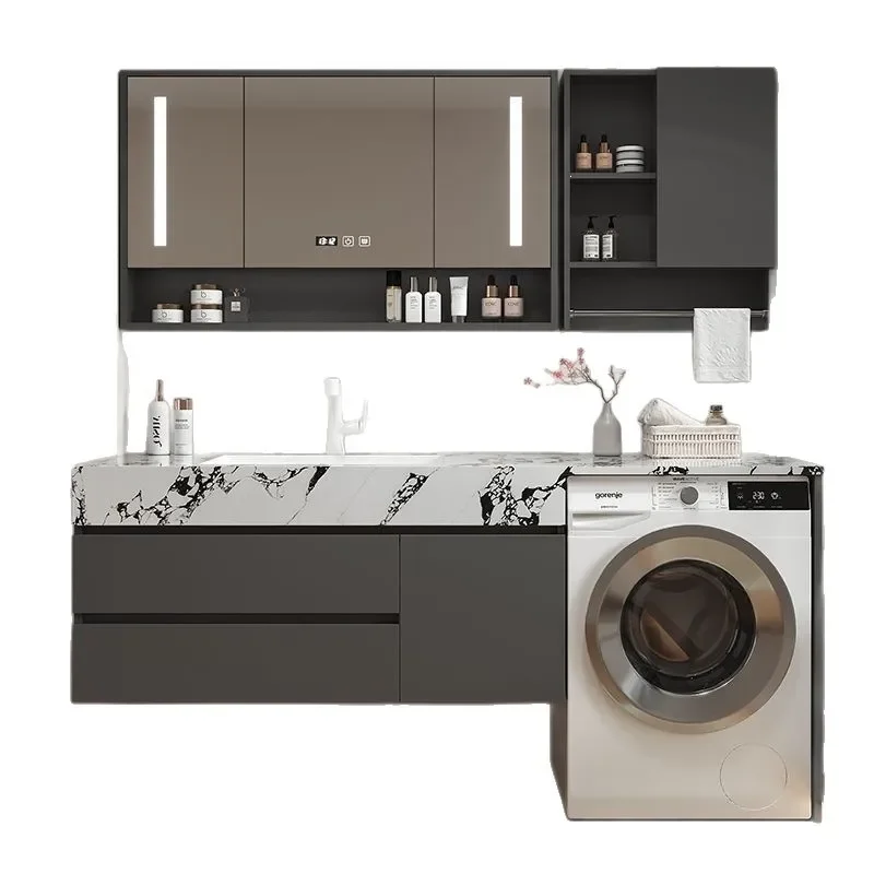 Seamless Slate Ceramic Basin Bathroom Vanity with Washing Machine Integration Space Saving Toilet Sink Combo Cabinet