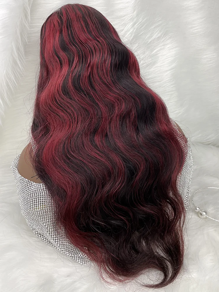 Burgundy Body Wave Lace Front Wig13X6 HD Lace Frontal Wig Red Highlight Wig Human Hair Colored Lace Closure Wigs 12-32Inch