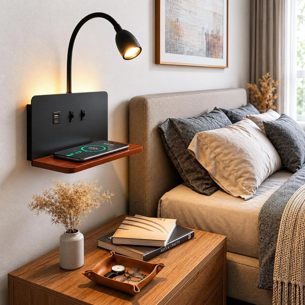 Wireless Charging Wall Sconce: Adjustable LED Reading Light, 3000K Warm Lighting for Bedrooms