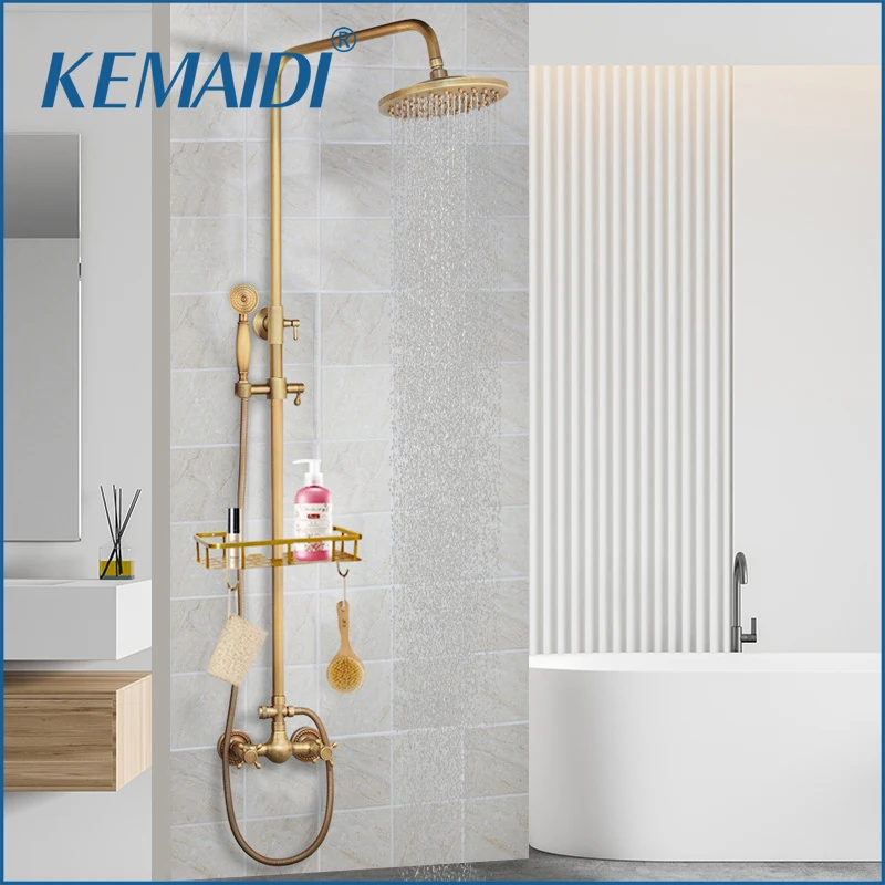 Kemaidi Antique Brass Wall Mount Shower Conjunto Torneira Único Punho com Chuveiro de Mão Mais Prateleira do Banheiro Chuveiro Torneira Misturadora