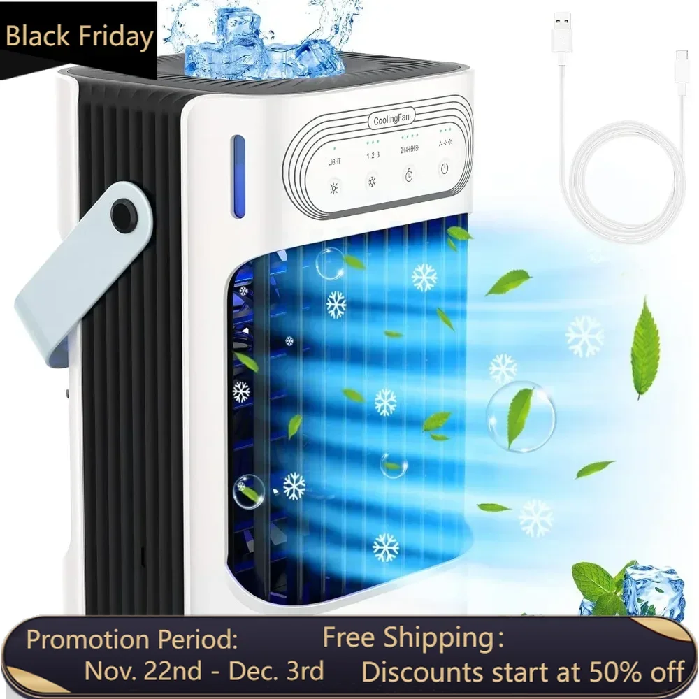 Portable Air Conditioners, Evaporative Air Cooler [10W] 3 in 1, 3 Wind Speed & 7 LED Light, 3 Cool Mist & 2-8H Timer Cold AC