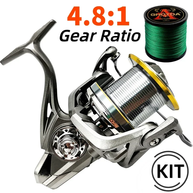 Long Casting Big Fishing Reel 8000-14000 Series+Braid Line Set 4.8:1 Gear Ratio Smooth Metail Spool 20KG Max Drag for All Waters