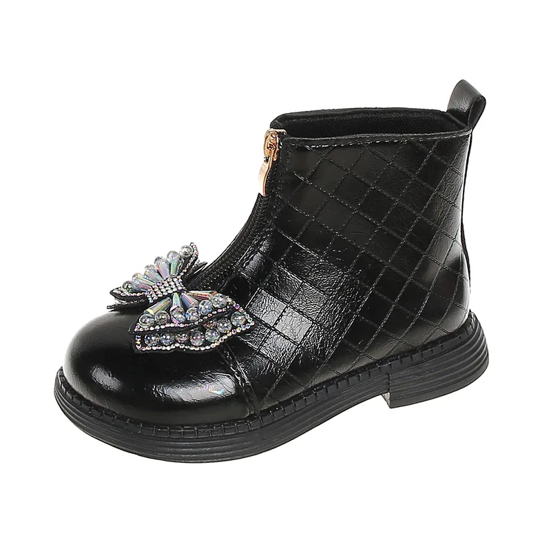 Girls 2024 Autumn New Glossy Chelsea Boots Kids Versatile Rhinestone Bow Princess Casual Ankle Boots Fashion Plaid Booties