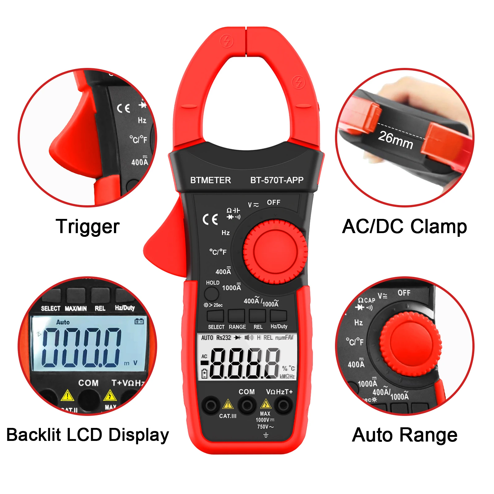 4000 tellingen automatische bereik intelligente digitale AC/DC-stroomtang multimeter aansluiten op mobiele telefoon met APP-functie Backlight BT-570T-APP