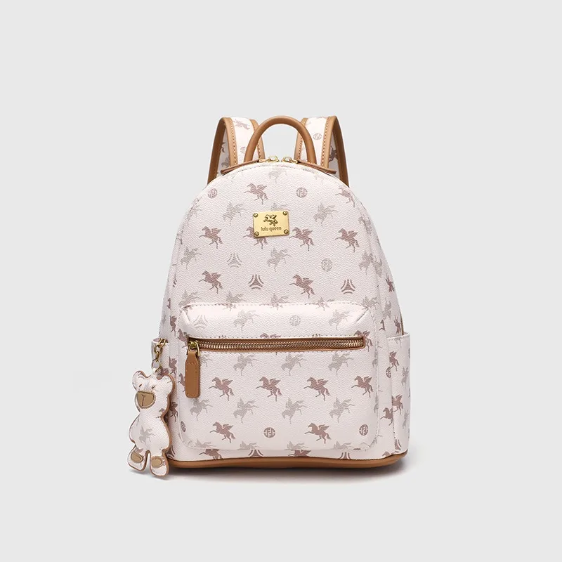Vintage Print Women Backpack Cute Bear Pendant Metal Plate Decor Contrast Trim Multi Pockets Casual Travel School Daily Rucksack