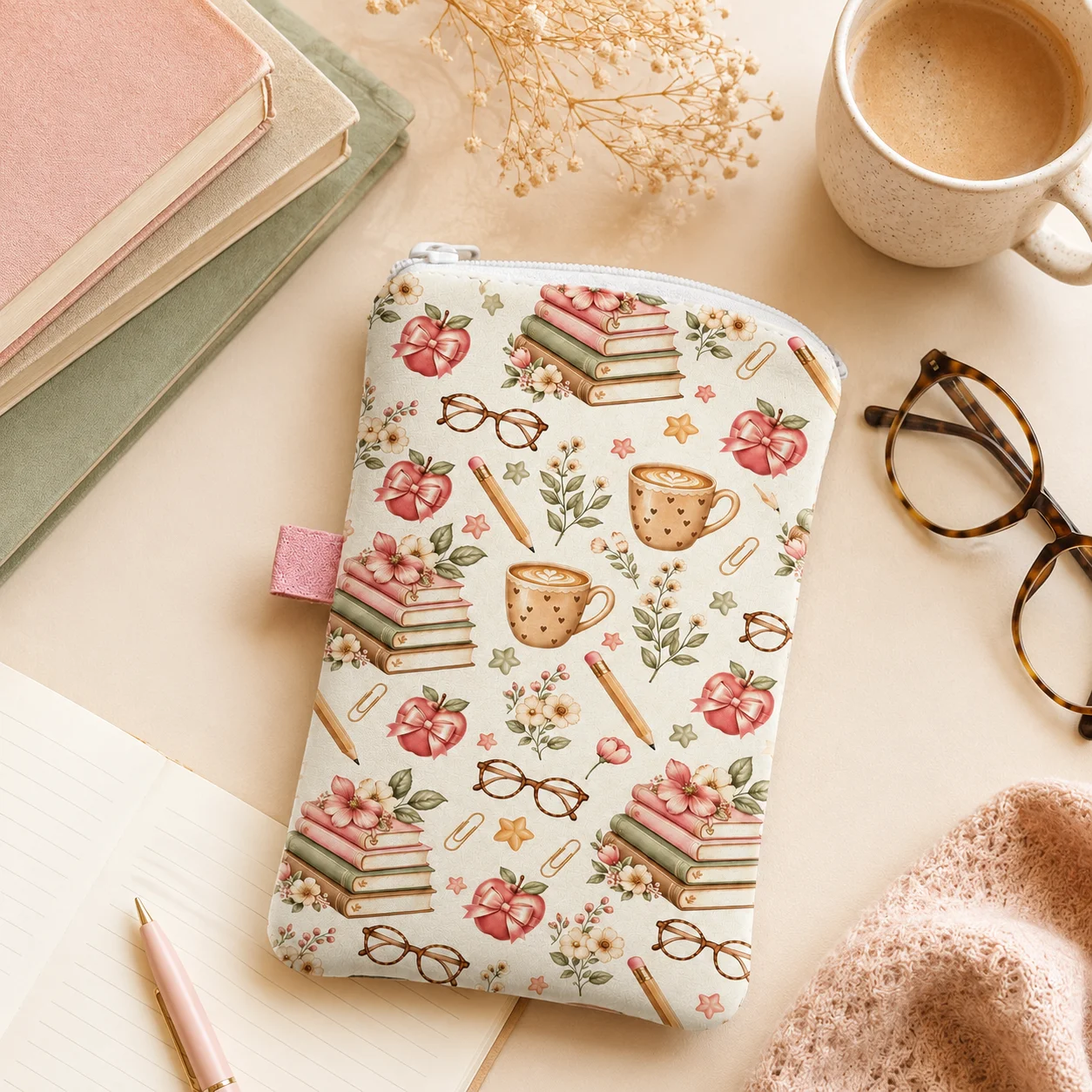 Printed Mobile Phone Sleeve with Zipper Book Coffee Floral Pattern Phone Pouch for Women Travel Handbag Organizer Storage Bag - view 5