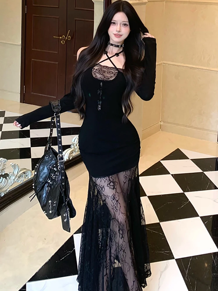 2025 Black Patchwork Lace Sheer Sexy Ruffled Long Dress Women Elegant Chic Neck-mounted Dress Autumn Korean Bodycon Party Dress