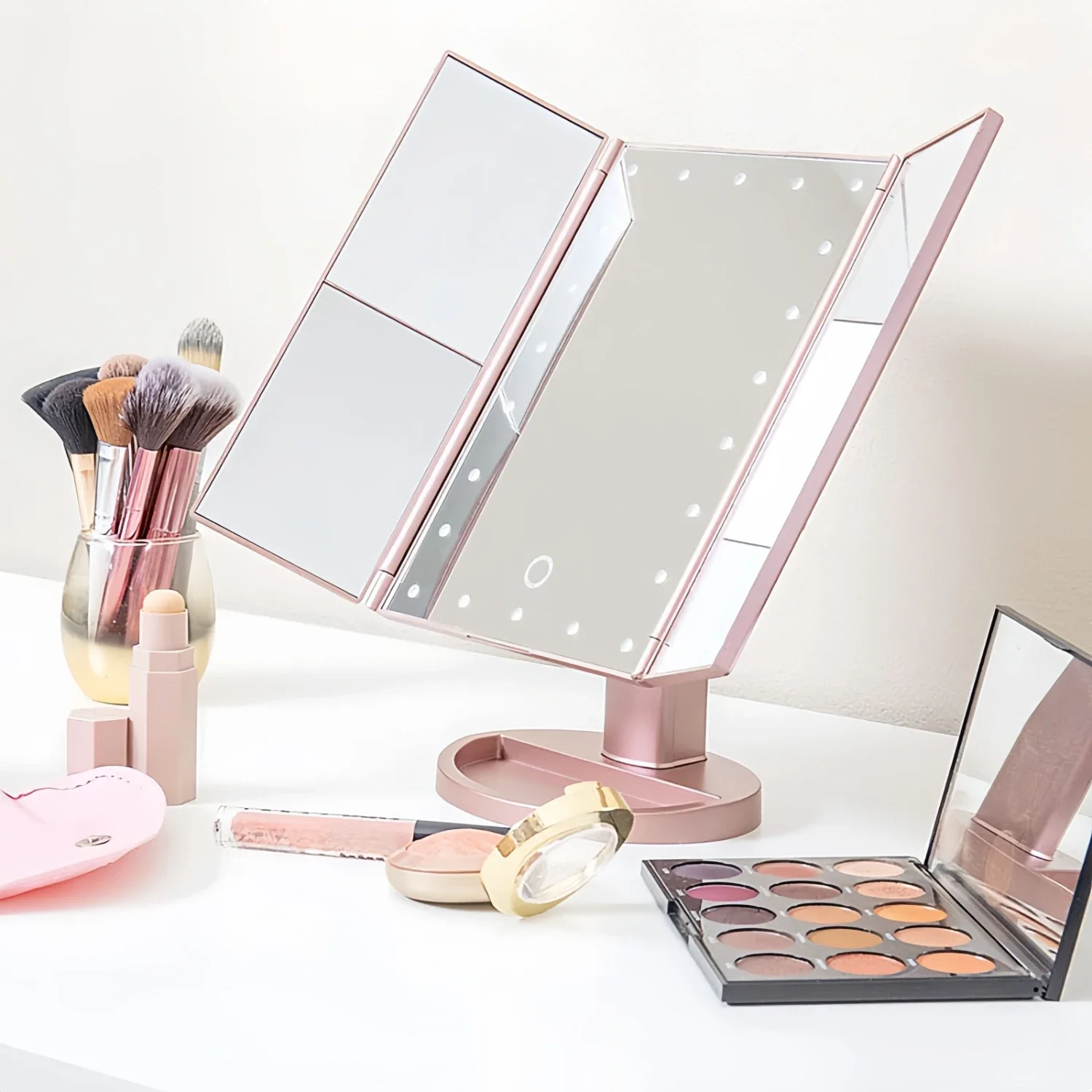 Espejo de maquillaje LED plegable portátil de tres lados con atenuación, espejo de aumento 2X 3X para mesa de maquillaje, inodoro y sobre la marcha, hermoso