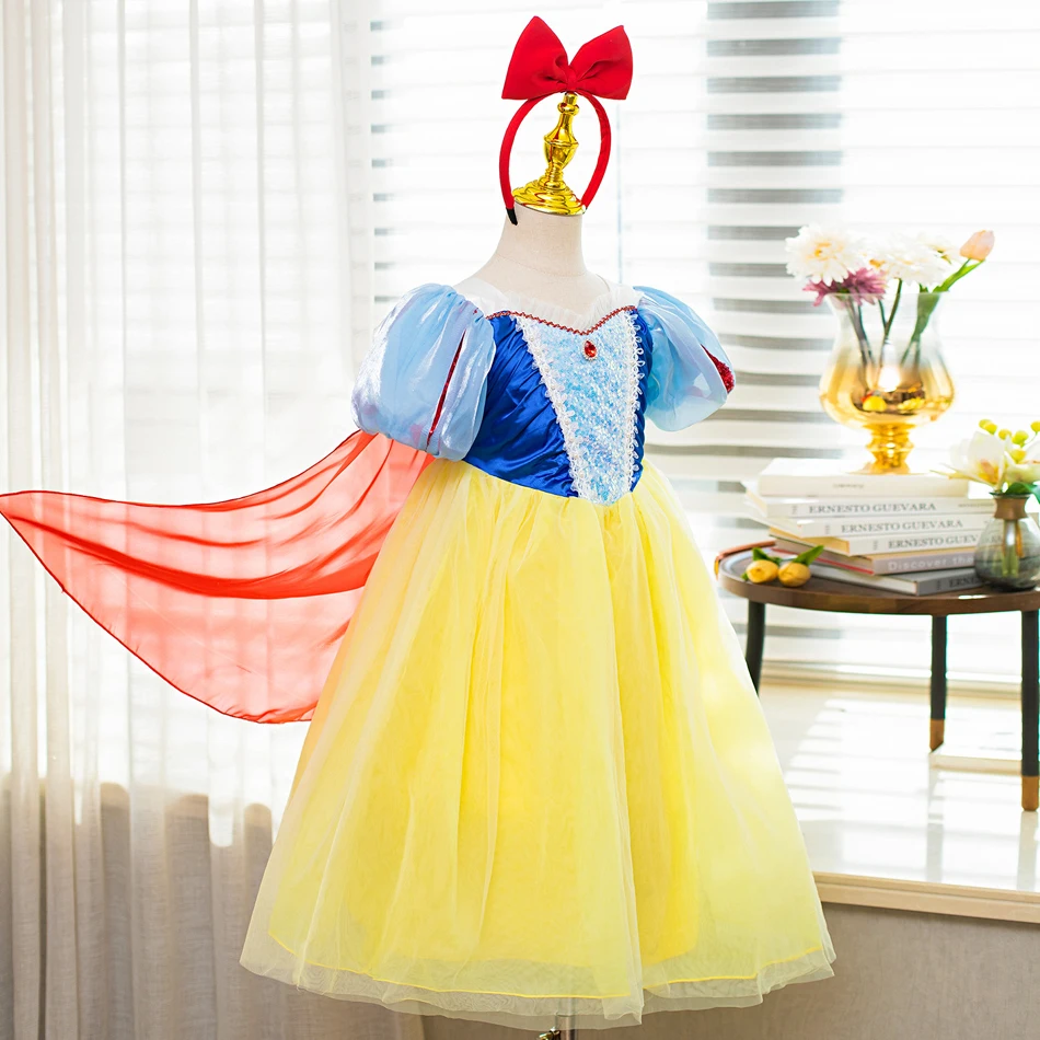 Vestido branco de neve Disney Princess com capa para meninas, fantasia cosplay para crianças, carnaval infantil, deluxe Halloween, luz LED, fada, meninas, 2-10t