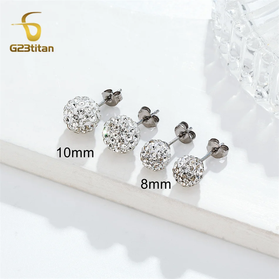 Bright White CZ Zircon Pave Clay Ball Earrings Hypoallergenic G23 Titanium Piercing Ear Jewelry Classic Women Stud Earings Gifts