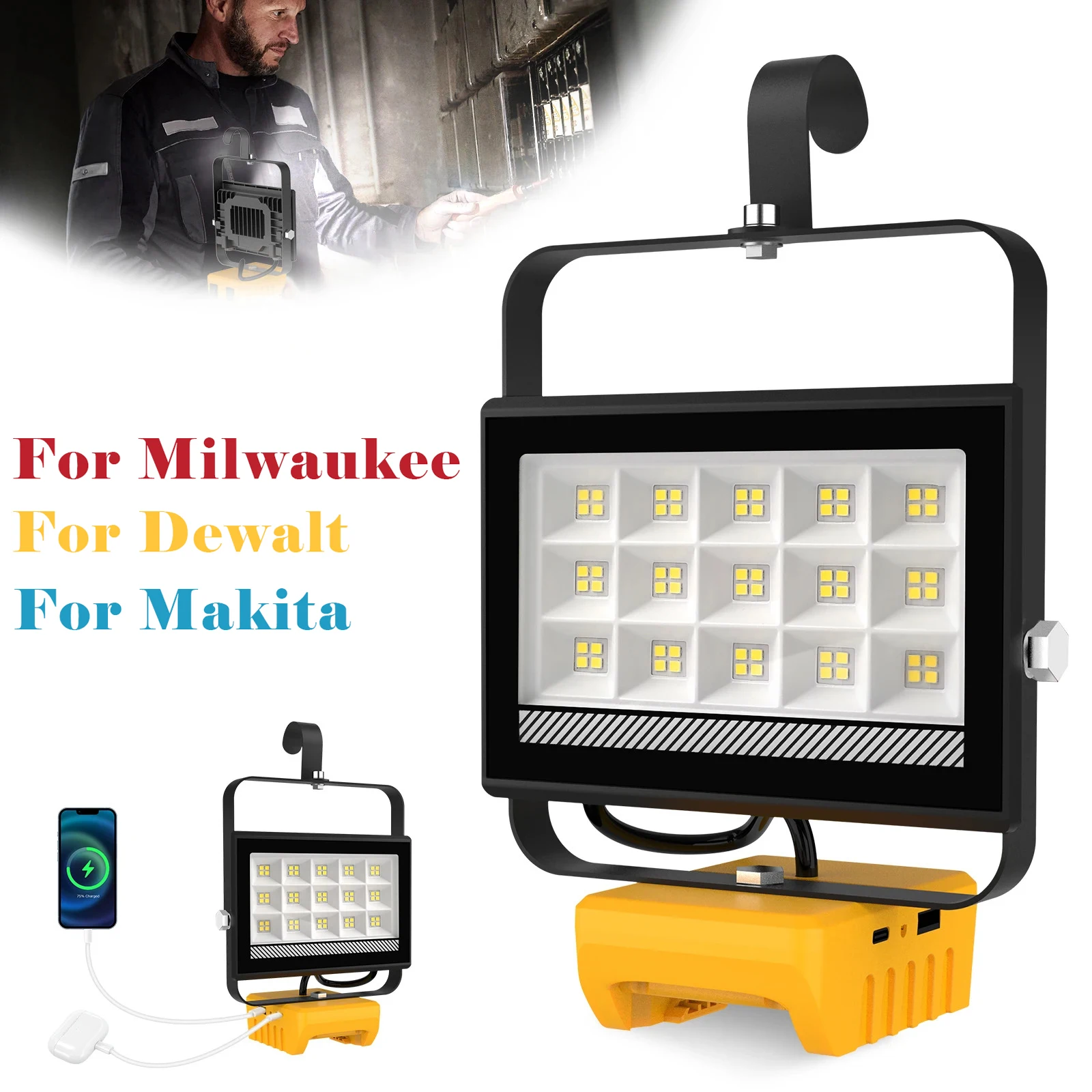 6000LM 60LEDS Portable 60W LED Work Light With Hooks Adjustable Base Rechargeable LED Flood Light for DeWalt Makita Milwaukee