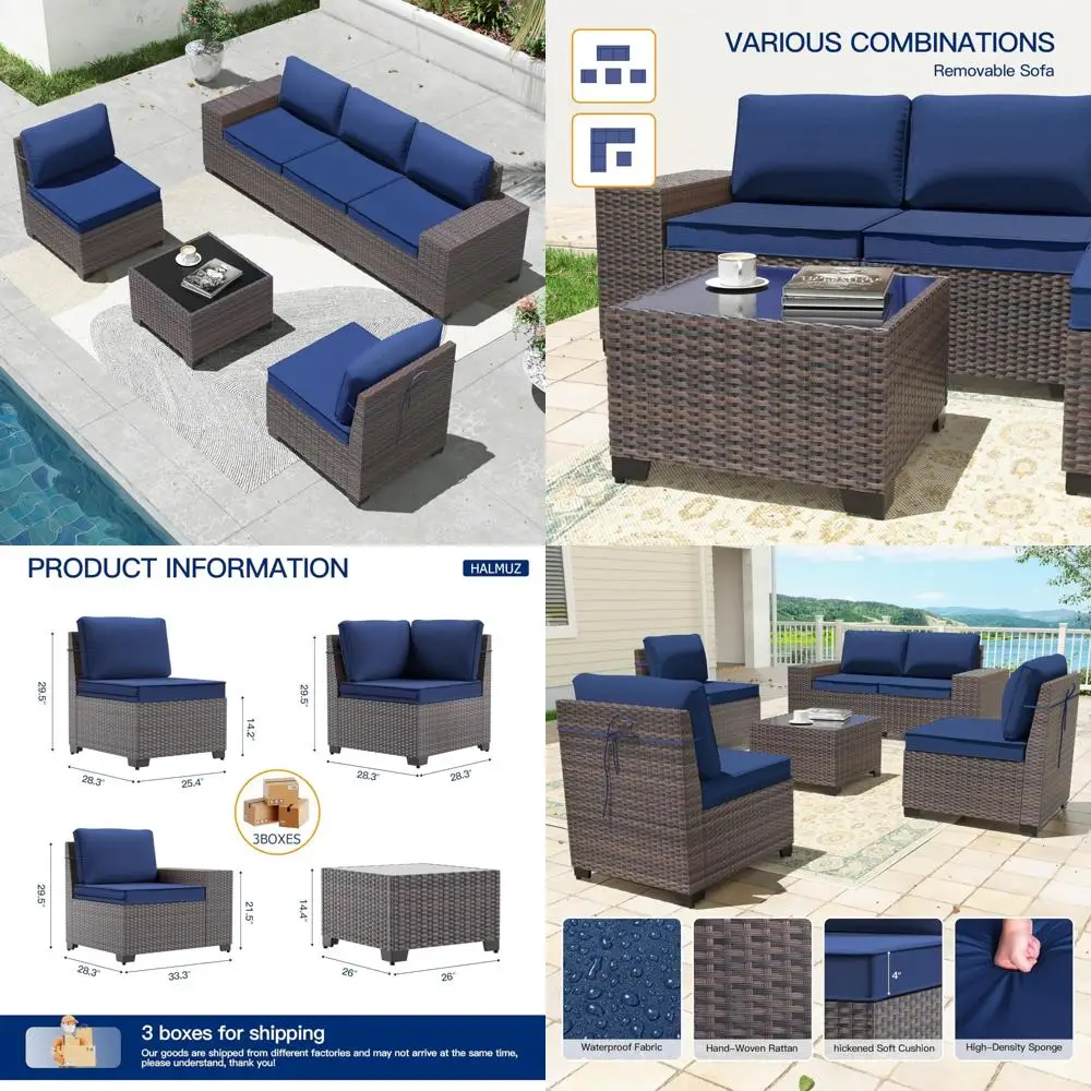 6-teiliges Terrassenmöbel-Set mit Teetisch mit Glasplatte, Gesprächsset aus PE-Rattangeflecht, waschbare Kissen, Außenterrasse