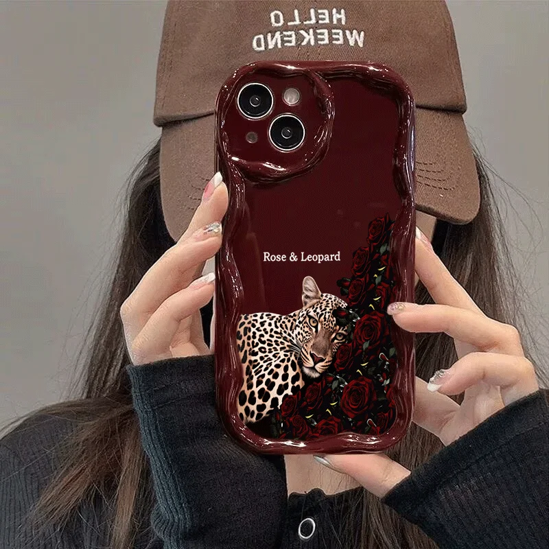 Fashion Rose Leopard Pattern Phone Case For iPhone 11 12 13 14 17 18 Pro Max 15 16 Plus 16e 17e Wavy-Edge Shockproof Soft Cover