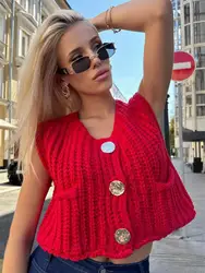 2024 Fall Luxury Clothes Crop Sweaters Women Vest Solid Loose Casual Sweater Vest Red Cable Kni Sweater Vests Thick Dual-Poacket