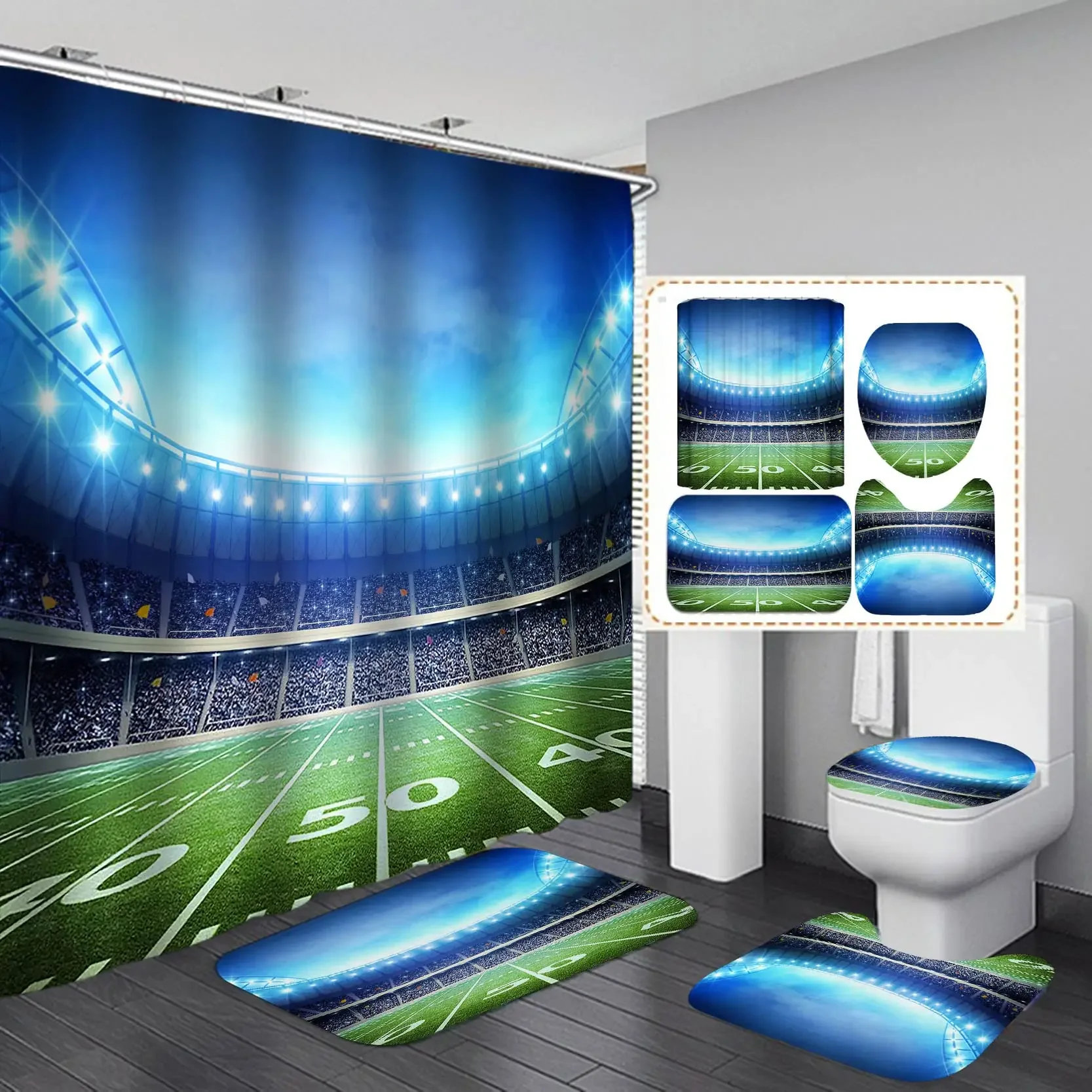 4PCS Sports Shower Curtain Set,American Football Stadium Arena 50 Yard Line Championship Sports Bathroom Decor,Non-slip Bath Mat