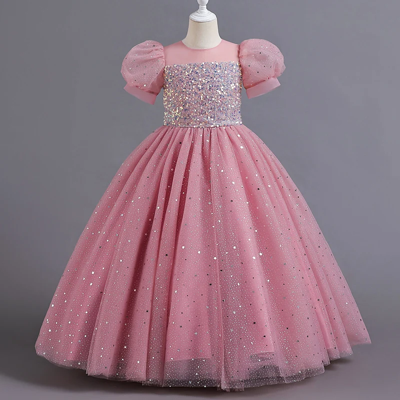 2024neue Kinder kleid Mädchen Prinzessin Pailletten Blase Ärmel lange Mesh Blume kleines Mädchen Hochzeit für den Sommer für 3-14 Jahre alt