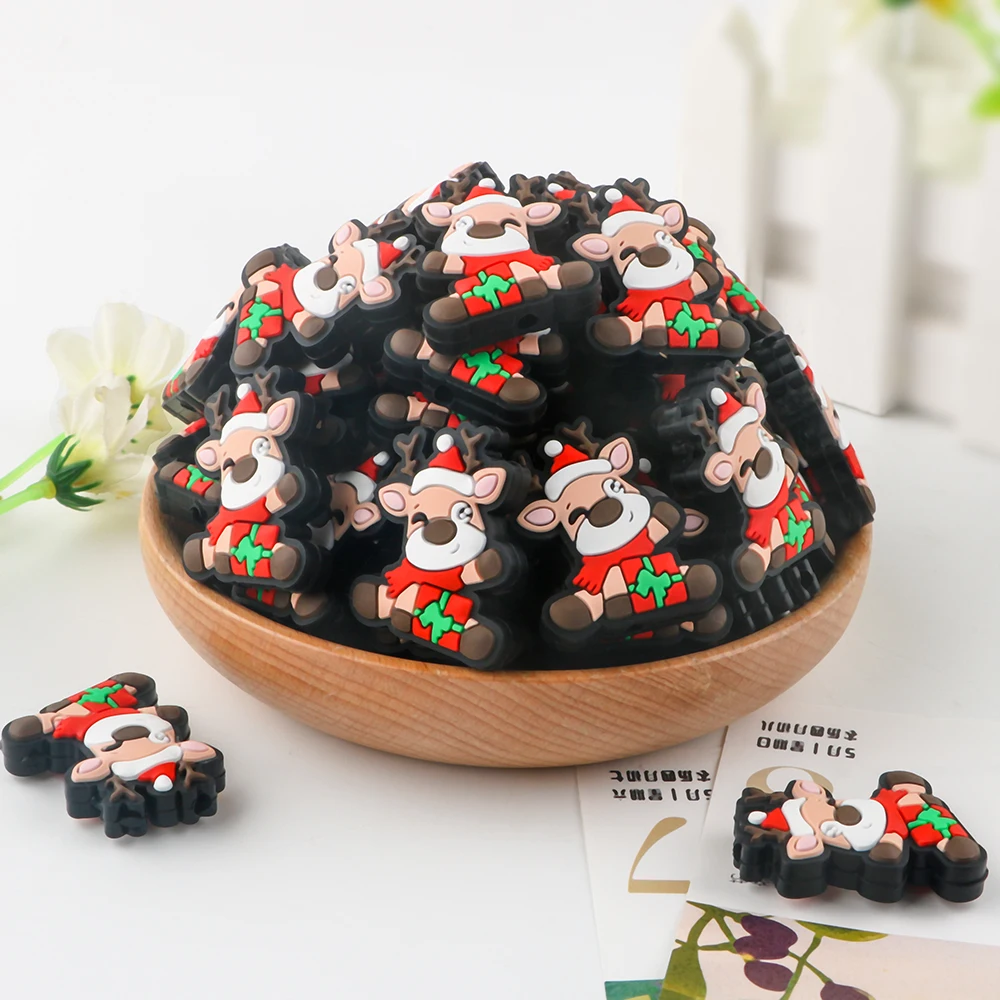Sunrony 10Pcs Christmas Series Silicone Focal Beads Santa Claus Christmas Tree Reindeer Stocking Beads DIY For Jewelry Making