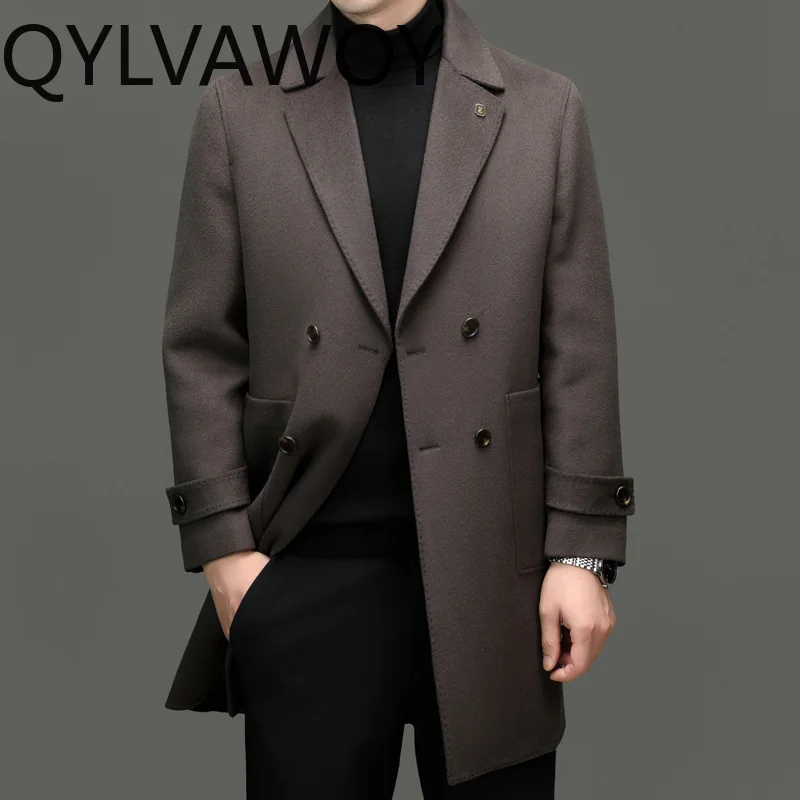 QYLVAWOY 93% Wool Cashmere Men Jacket Tailored Collar Mid Length Jackets for Man Business Casual Thicken Coat Casacos Masculino