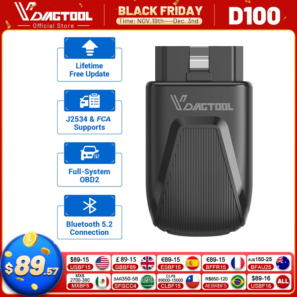 VDIAGTOOL Nowy D100 Kompleksowe Narzędzie Diagnostyczne Samochodowe OBD2 Skaner Kodów 15 Funkcji Resetowych J2534 FCA Active Test Długotrwałe Bezpłatne Aktualizacje