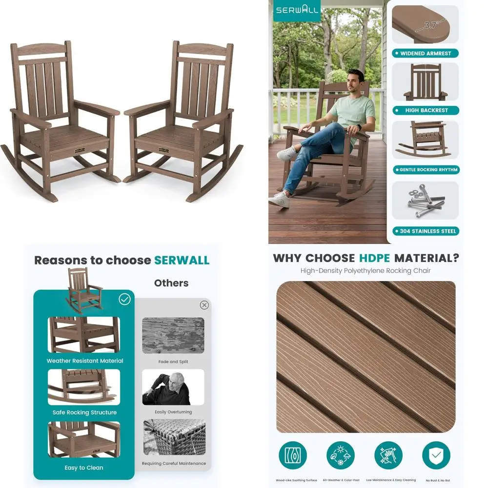 

Pair of Weather-Resistant HDPE Outdoor Rocking Chairs for Patio, Balcony, or Yard in Brown