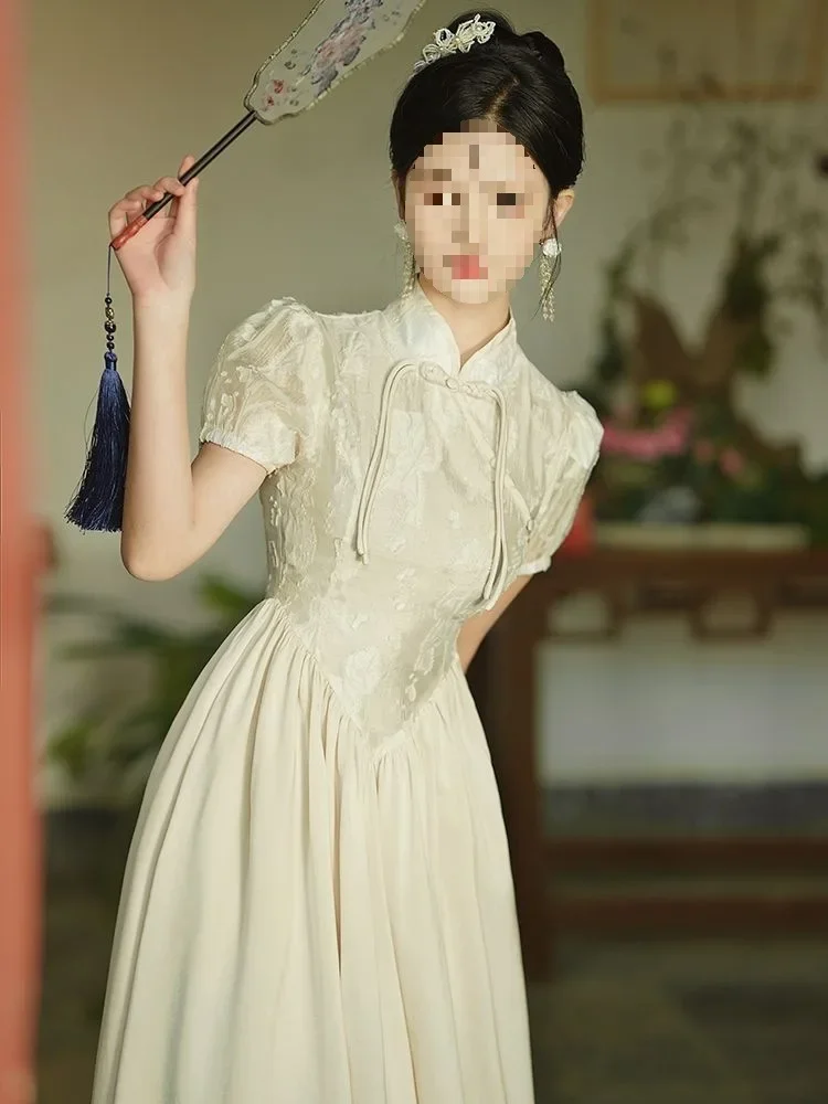 Elegant Vintage Long Chinese Dress For Women Summer Youth Style Chic Cheongsam French Touch