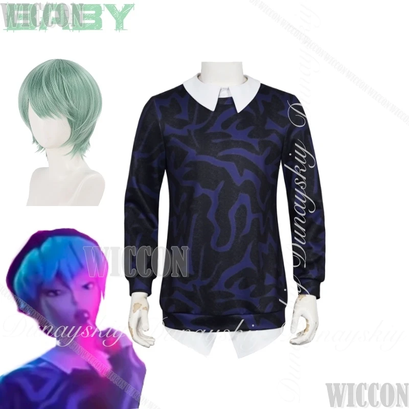

KPop Demon Hunters Movie Baby Cosplay Saja Boys Helloween Black Pattern Shirt Green Wig Halloween Carnival Man Suit Party Cos