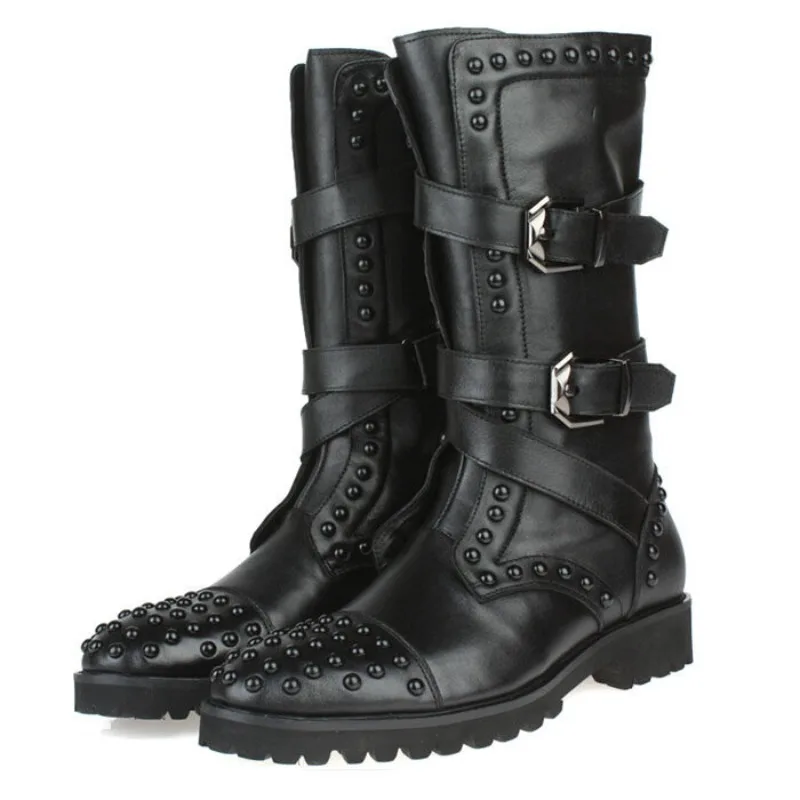 British Style Fashion Rivet Casual Men's Cowboy Long High Boots Genuine Leather Outdoor Chelsea Knight Riding Boots Male Shoes