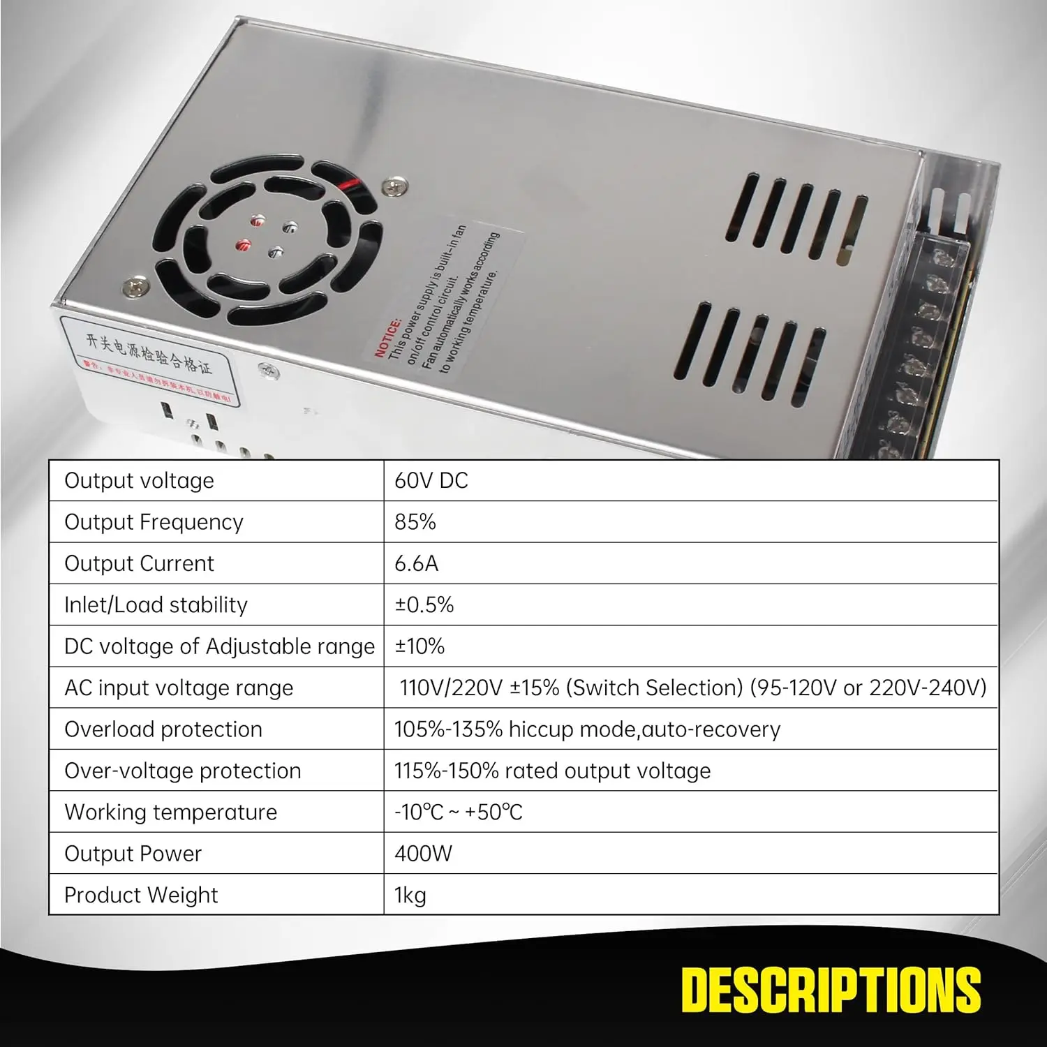 400W 60V DC Switching Power Supply, AC 110V/220V to DC 60V Adapter for LED Strip, CCTV, CNC Router, Stepper Motor