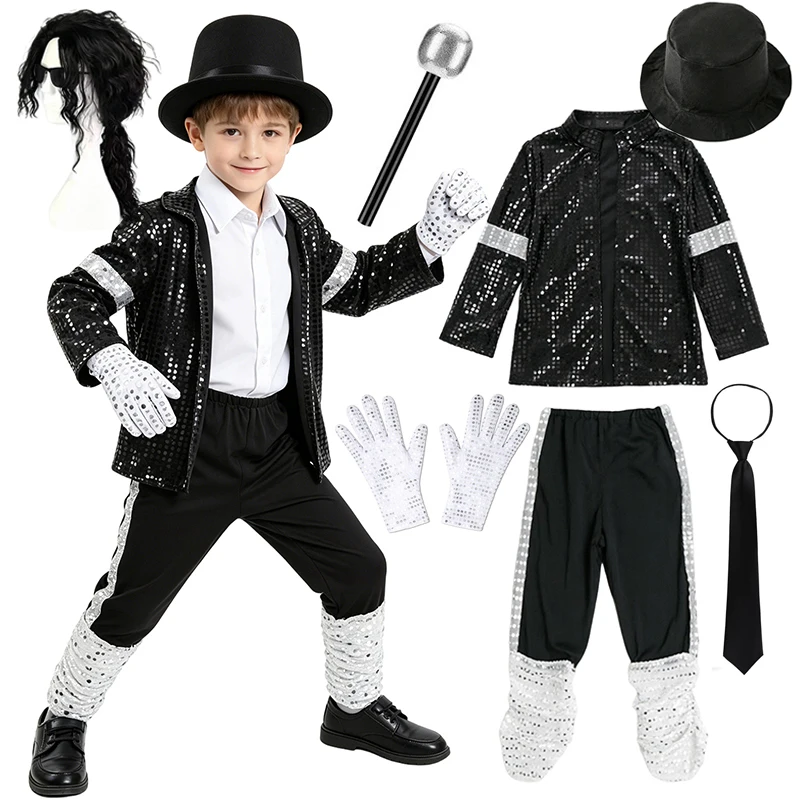 Conjunto de Fantasia Inspirado em Michael Jackson para Meninos com Acessórios Completos para Apresentações de Dança e Festa de Halloween