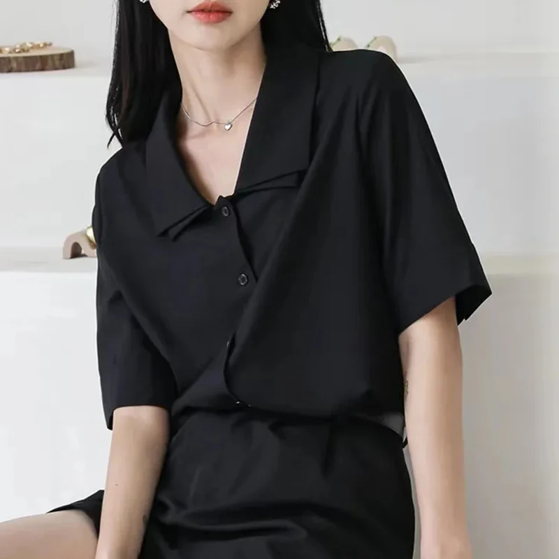 Y2K Double Collar Chiffon Shirt Korean Fashion All Match Women Half Sleeve Tops Summer Casual Office Ladies Black Blouse