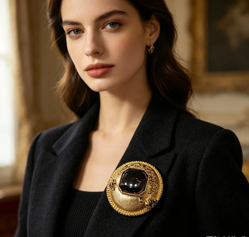 Vintage Gold Embossed Floral Brooch Large Smoky Quartz Stone Enamel Bow Pin Women Retro Dress Jewelry