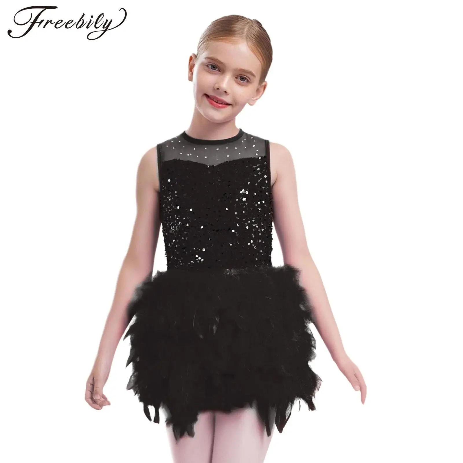 Crianças meninas ballet dança tutu vestido sem mangas malha lantejoulas pena veludo collant vestidos para patinação artística dança lírica