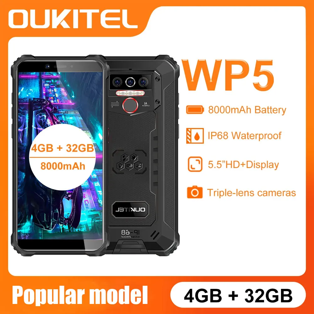 

Oukitel WP5 Waterproof Rugged Smartphone 8000mAh Android 10 4GB 32GB IP68&IP69 5.5''HD+ Quad Core Triple Camera Cell Phone