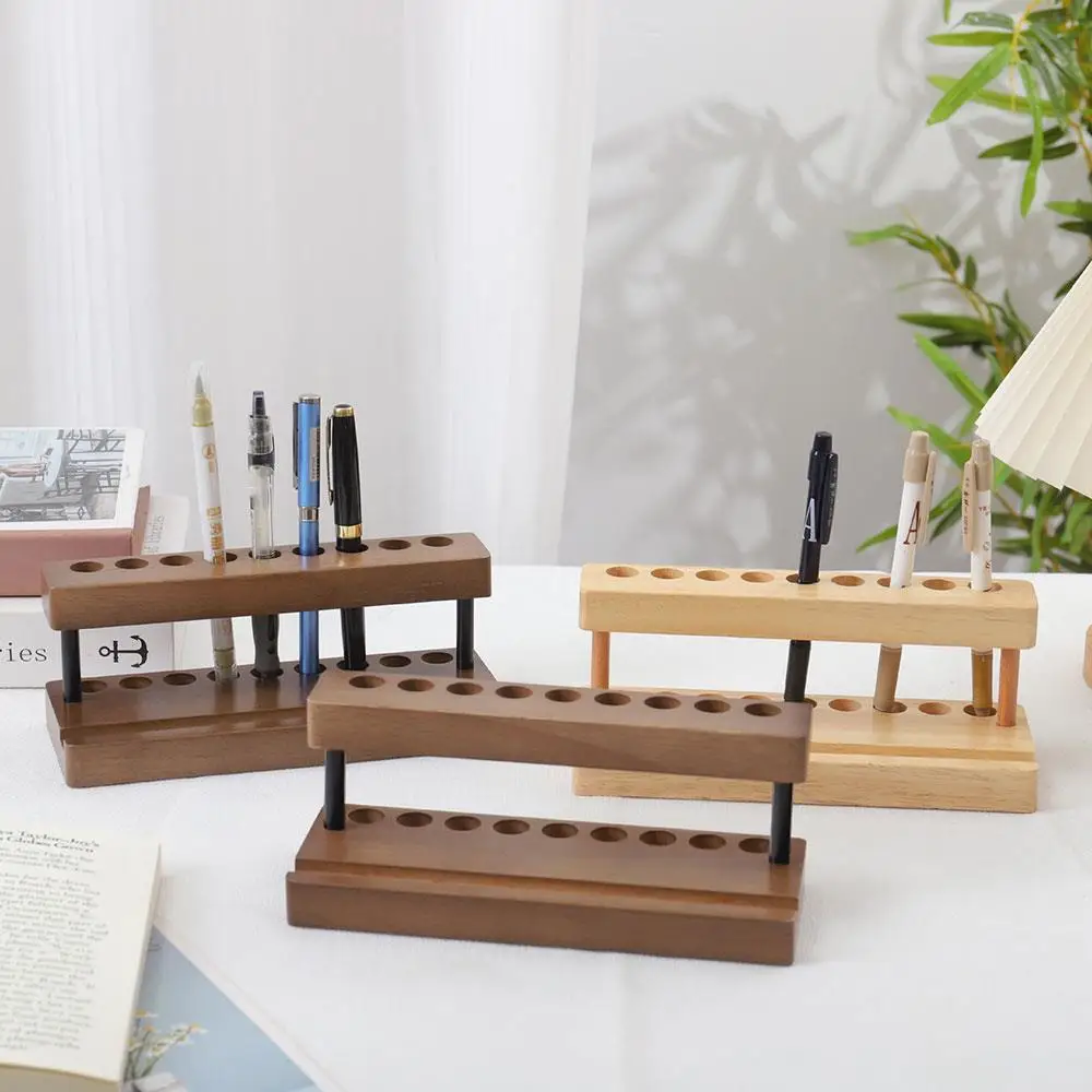 1PC Walnut Wood Pen Holder Desk Organizer Phone Stand Storage Retro Wooden Pen Holder Desk Stationery Pen Storage Phone Holder