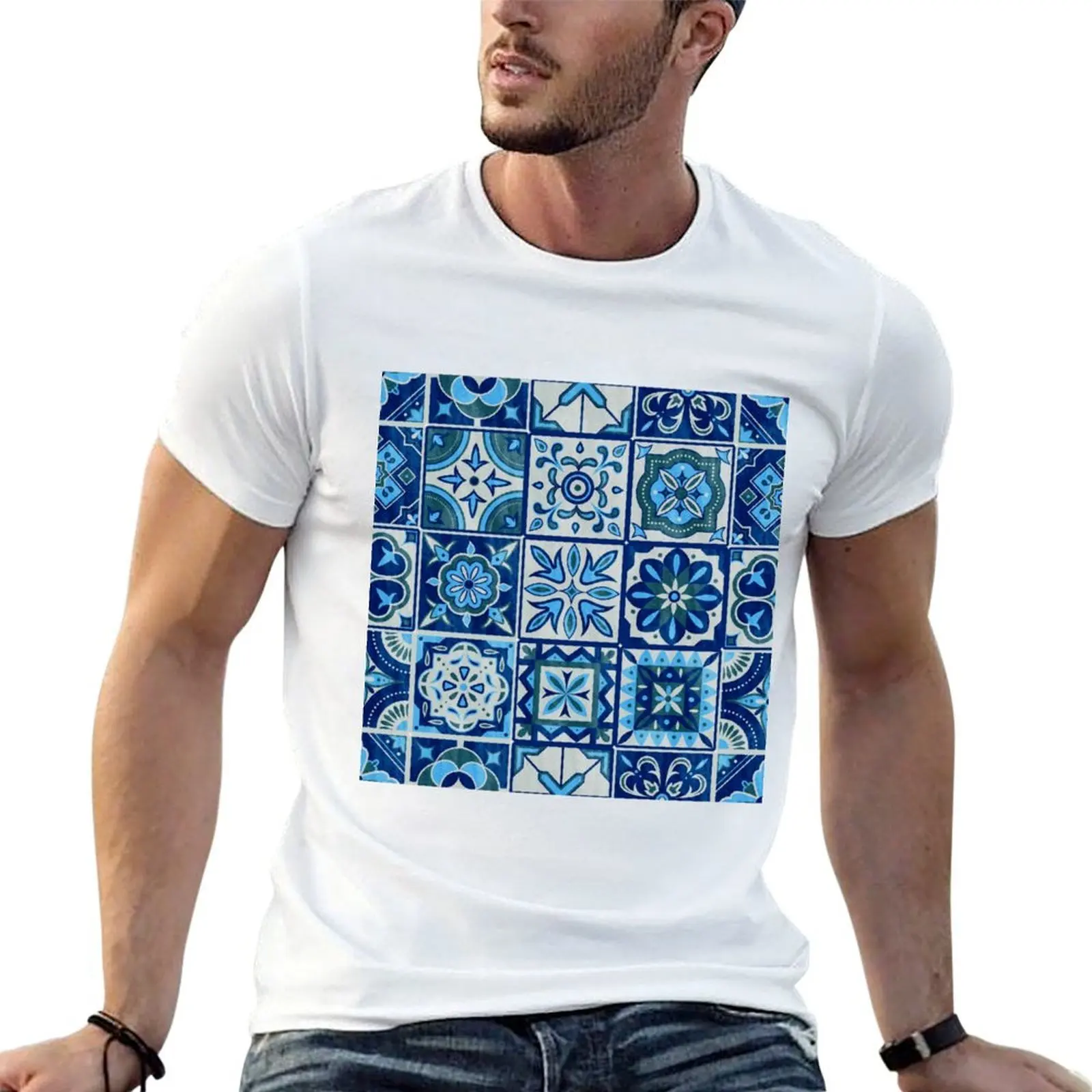Футболка с принтом португальских квадратных синих плиток Azulejos, летняя футболка больших размеров с короткими рукавами