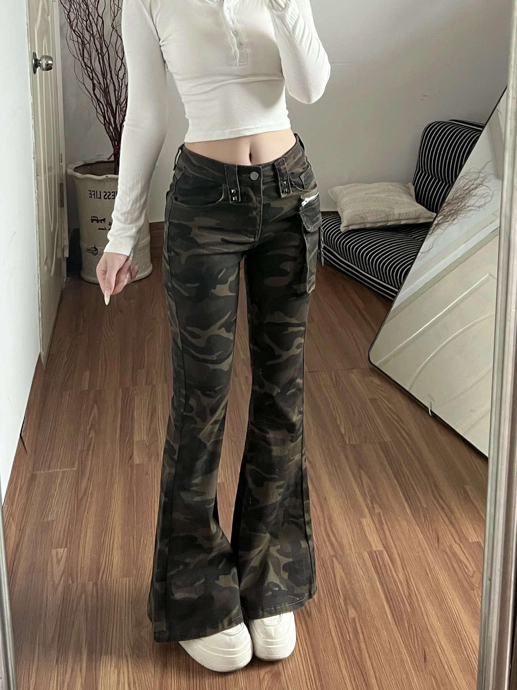 

Женские джинсы с низкой талией, камуфляжные, повседневные, стильные, сексуальные, облегающие, рабочие, повседневные брюки, с высокой талией, расклешенные, синие