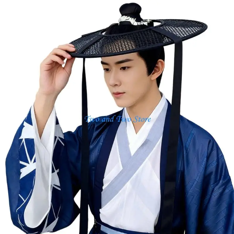 

HX6F Traditional Chinese Hat Black Hollow Woven Hat Cosplay Accessory for Traditional Asian Performances and Party