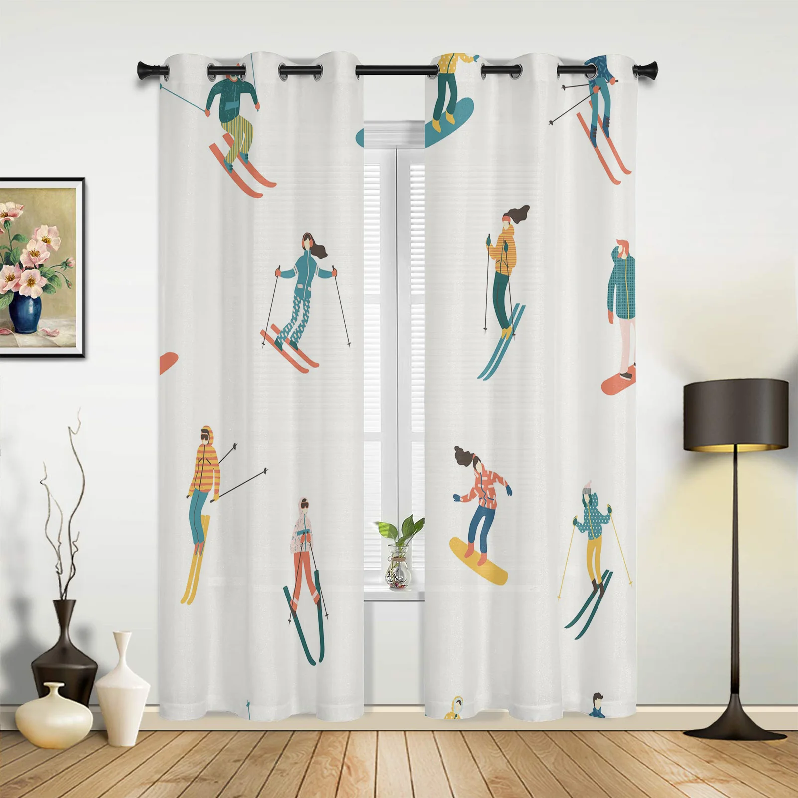 Skiing Woman Man Line Sport Window Curtains In The Living Room Kitchen Window Curtains Drapes Printed Window for Bedroom