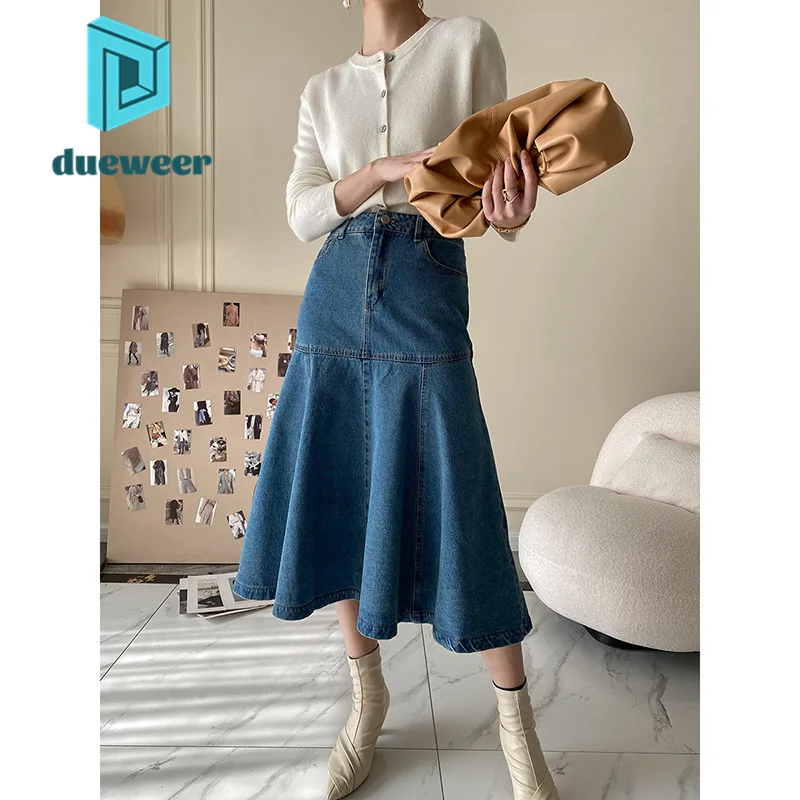 

DUEWEER Mermaid A Line Denim Skirt Elegant Women's Midi 2022 Korean Fashion Long Skirts Harajuku y2k Streetwear Pleated Skirt
