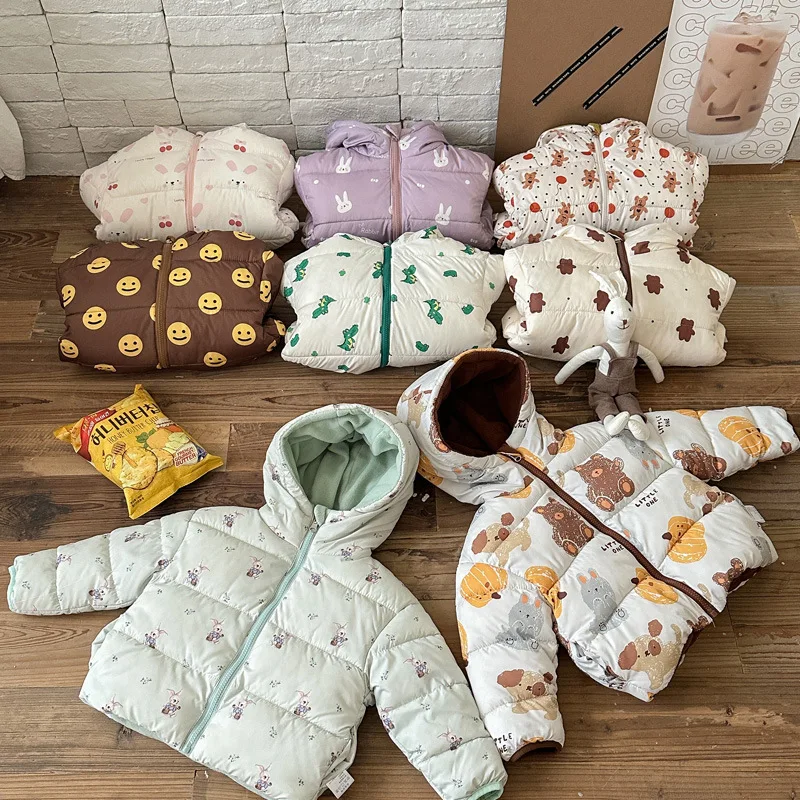Double Sided Kids Winter Coat 2026 New Little Bear Print Thicken Warm Padded Jacket Fleece Lined Hooded Outerwear for Boys Girls